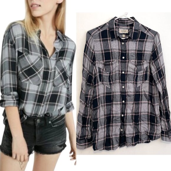 Express Tops - EXPRESS Patch Pocket Plaid Boyfriend Shirt Black White Flannel Button Down Tunic